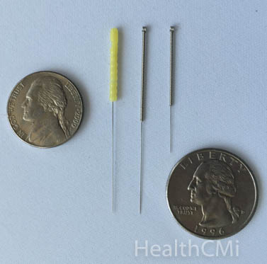 Three types of needles are depicted with two coins for size perspective. 