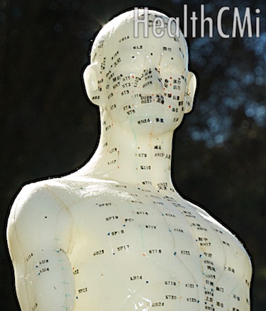 This image of an acupuncture point model shows many acupoints located on the chest and head. 