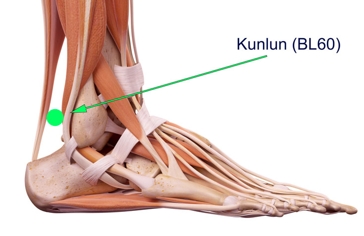 Acupuncture point Kunlun (BL60) illustration. 