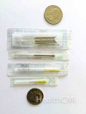 Sterile disposable needles in packs. 